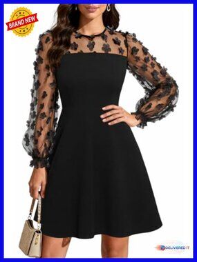 Crew Neck A-Line Dress with Lace Sleeves Wedding Guest Cocktail Party
